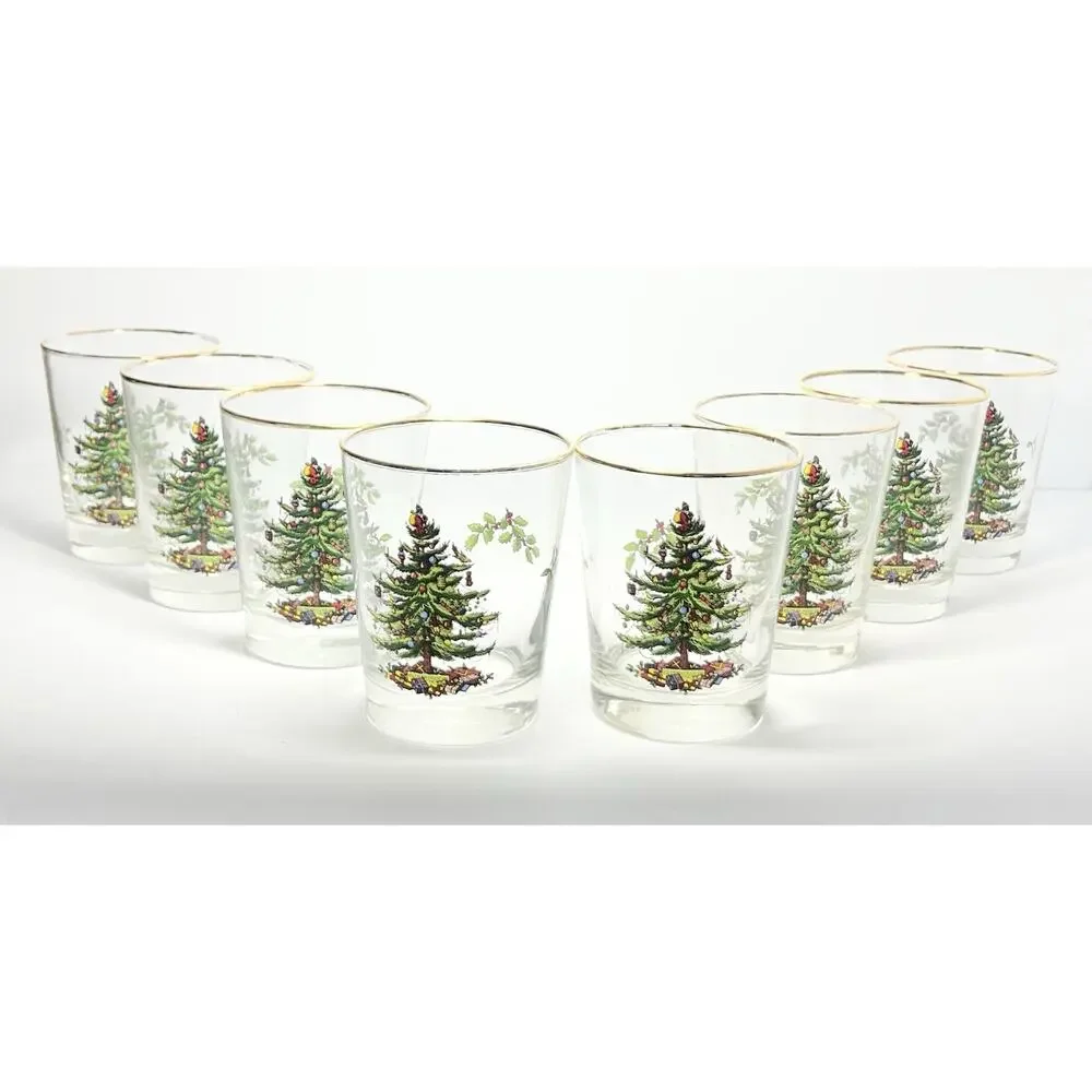 Spode “Christmas Tree” 8 Double Old Fashioned Tumbler Drinking Glasses 4.5” 15oz